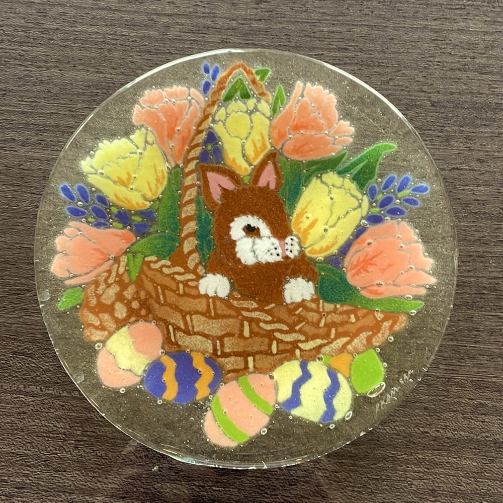 Peggy Karr Bunny in Basket with Easter Eggs & Tulips 8 “ Plate